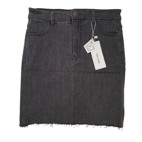 Three Brome Black Denim Straight Pencil Skirt Raw Hem NEW Size 26 Junior L - Picture 2 of 11